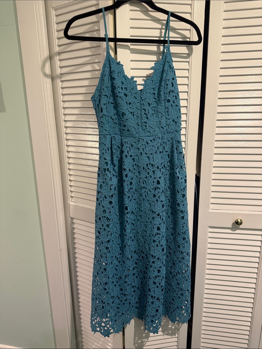 Astr Teal Crochet Lace Midi Dress with Spaghetti Straps
